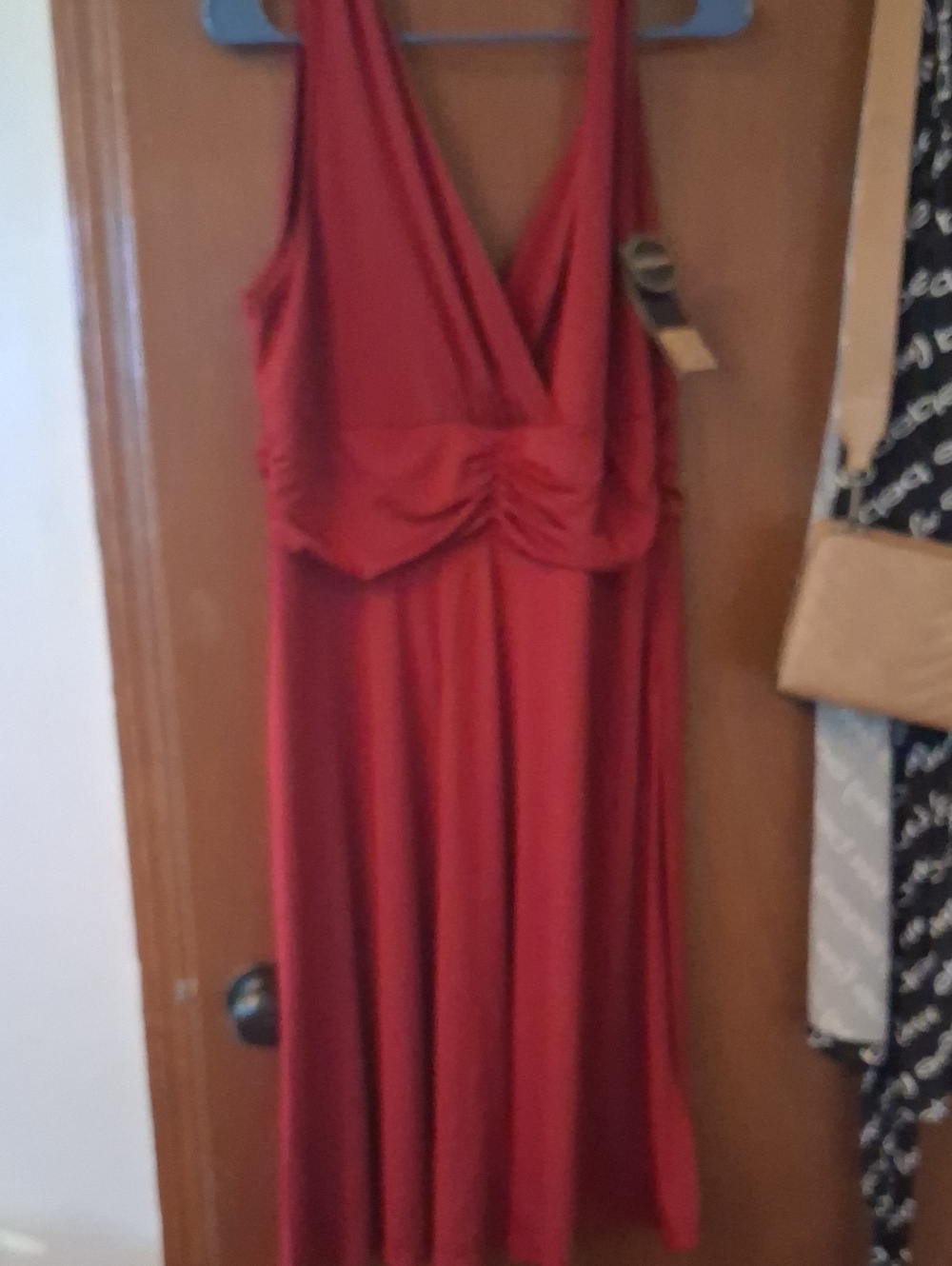 Women’s Red V-Neck Gathered Waist Dress